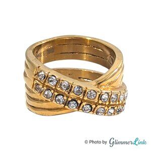 Crossover / Criss-Cross Gold Tone Stainless Steel Band Ring Clear Stones Size 6